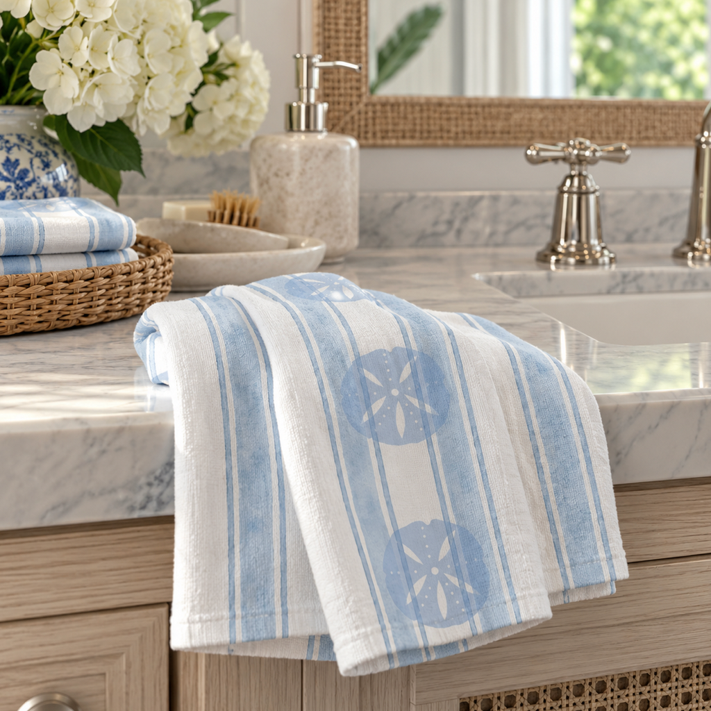 Blue and white striped sand dollar face towel for a coastal bathroom