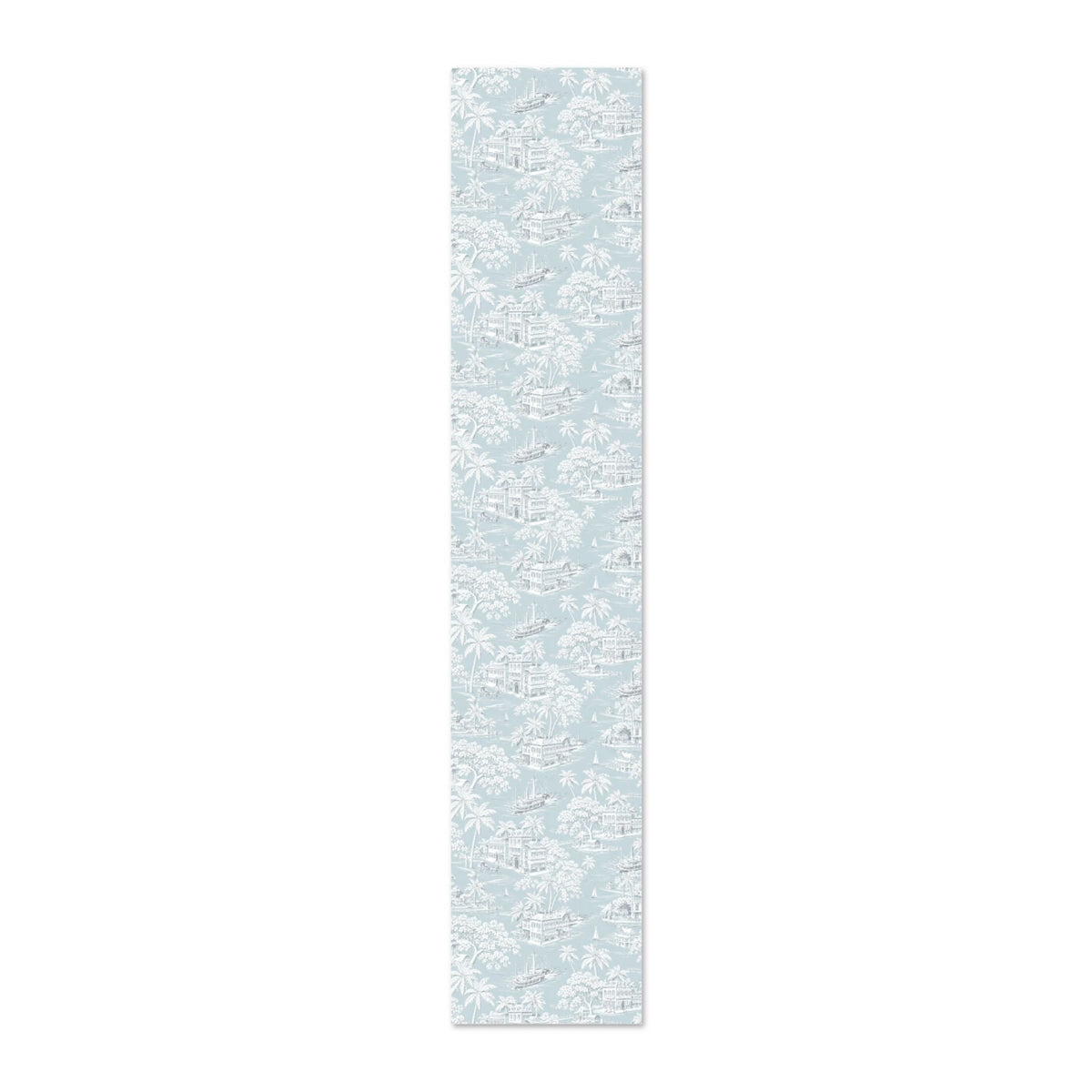 Blue and white tropical coastal wallcovering featuring palm trees, boats, and seaside architecture.