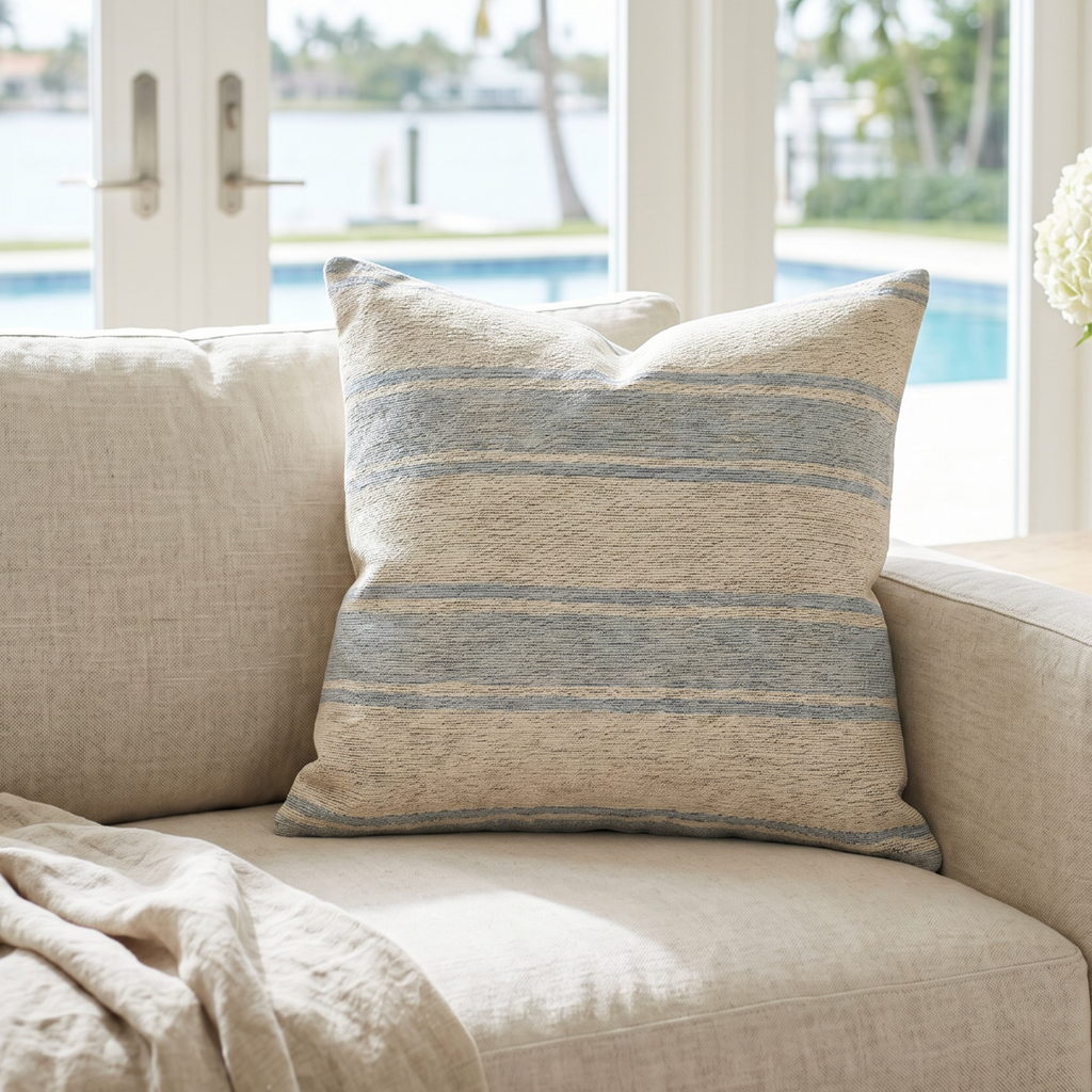Blue and white textured woven stripe pillow styled on a cream couch in a beach house living room