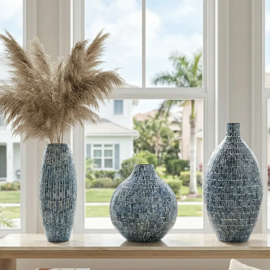 Mother of Pearl Blue Shell Handmade Vase Loving Coastal Living