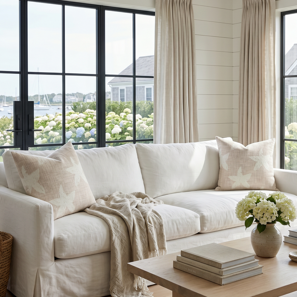 Blush starfish pattern pillow on a couch in a beach house style living room