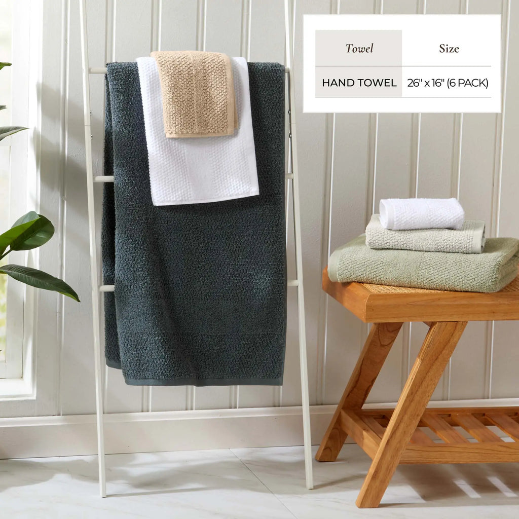 Marbella Collection bath towel set, 100% cotton woven texture; dark teal towels with white accents, 6-pack