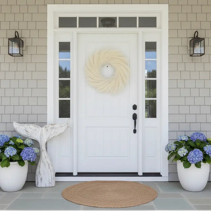 Round white and yellow pampas grass wreath with soft, flowing plume on front door