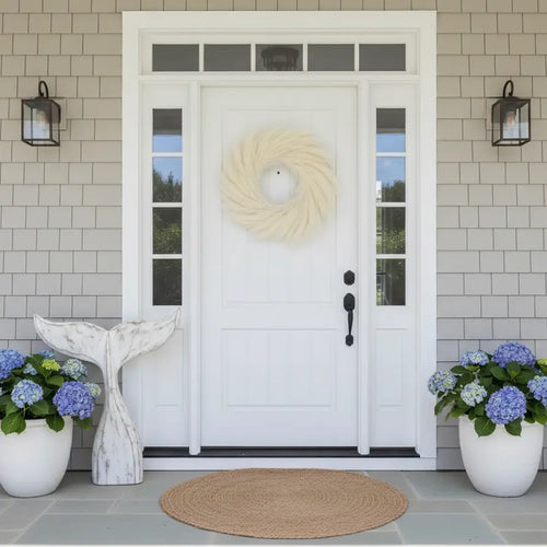 Round white and yellow pampas grass wreath with soft, flowing plume on front door