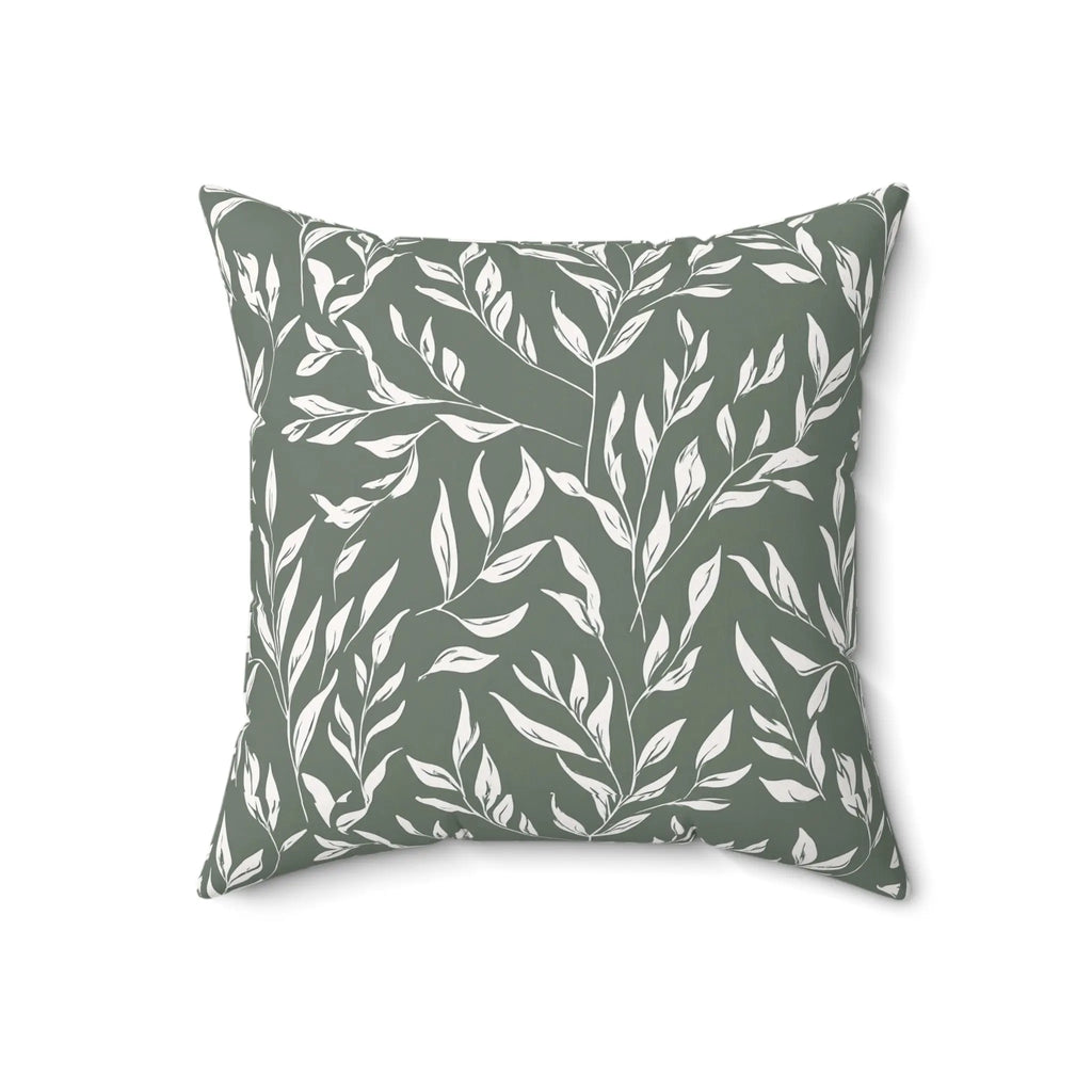 Willow Sage Throw Pillow with white botanical leaves on sage green background.