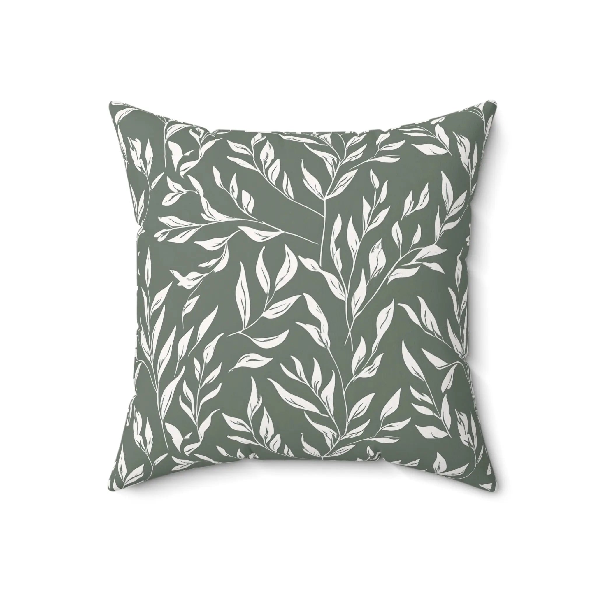 Willow Sage Throw Pillow with white botanical leaves on sage green background.