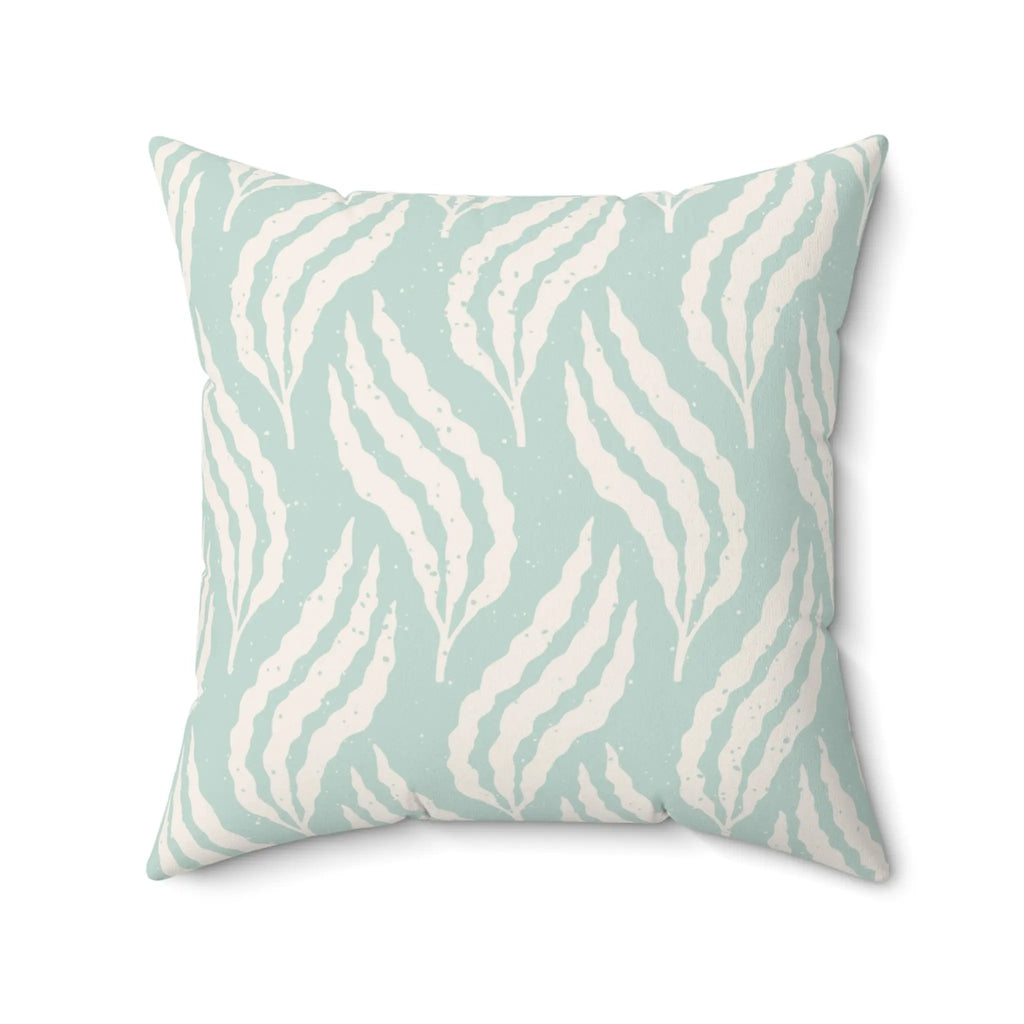 Aqua Leaf Pattern Throw Pillow with seafoam background and flowing cream leaf strokes.