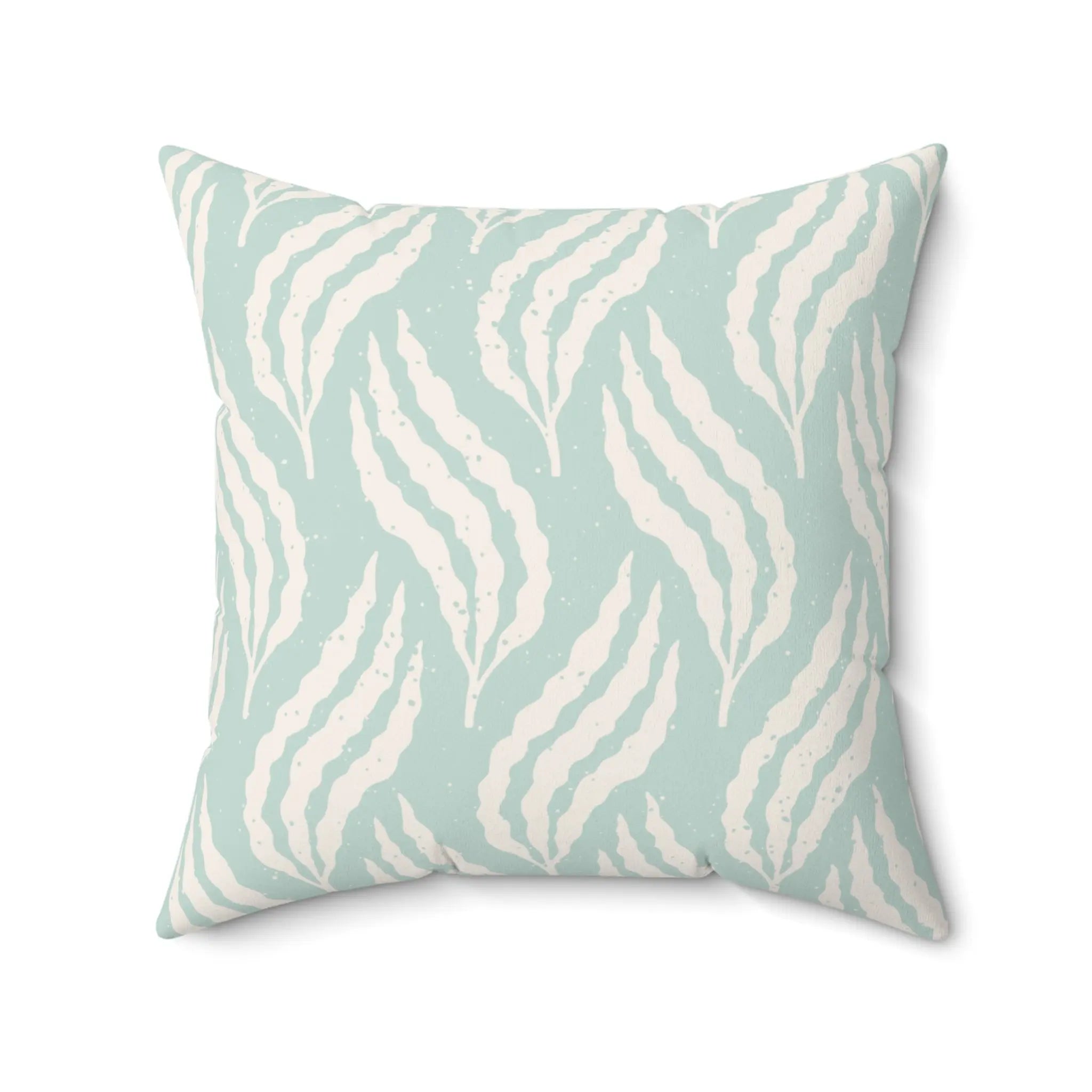 Aqua Leaf Pattern Throw Pillow with seafoam background and flowing cream leaf strokes.