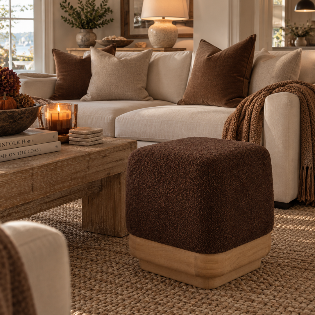 Brown ottoman footstool with wood base for modern home decor