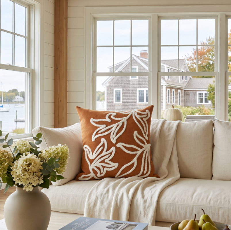 Textured orange botanical pillow available in square or lumbar form for a coordinated fall collection.