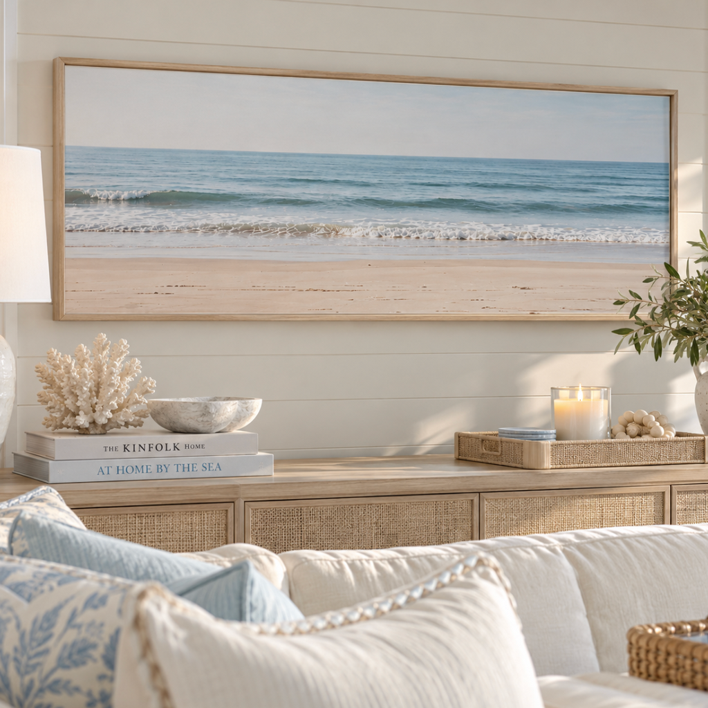 Serene ocean waves canvas print in soft blue and sand tones for a coastal living room