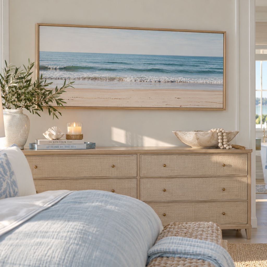 Calm wave seascape canvas wall art hanging above a neutral sofa