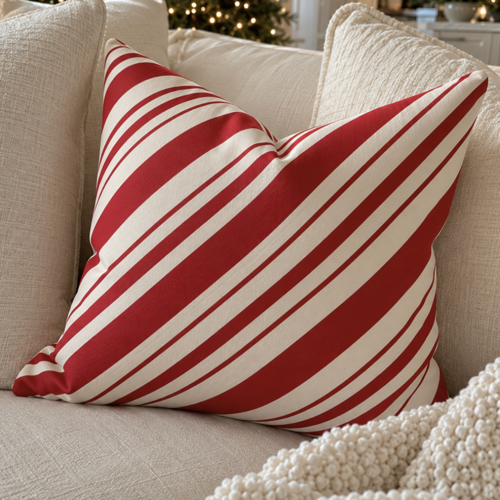 Candy cane striped Christmas accent pillow for a festive seasonal living room.