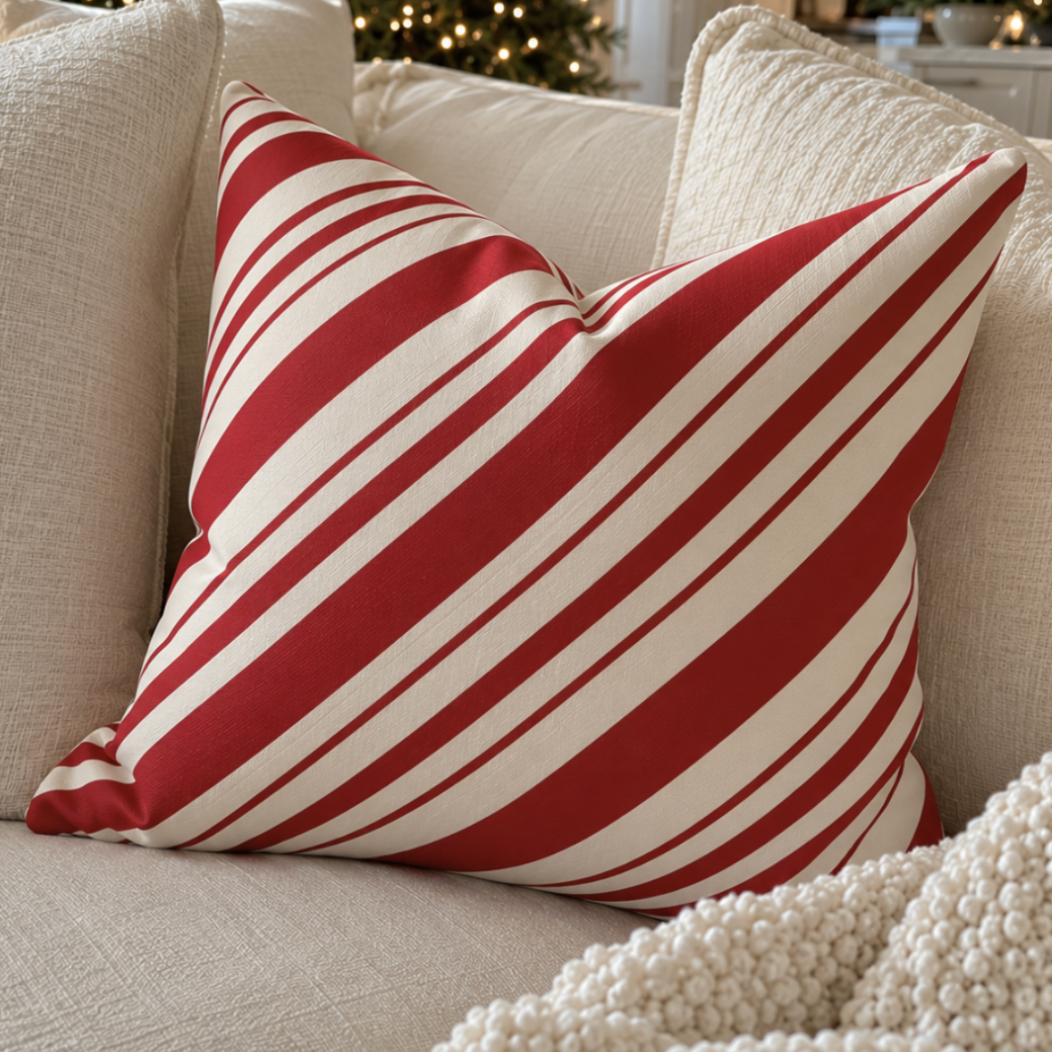 Candy cane striped Christmas accent pillow for a festive seasonal living room.