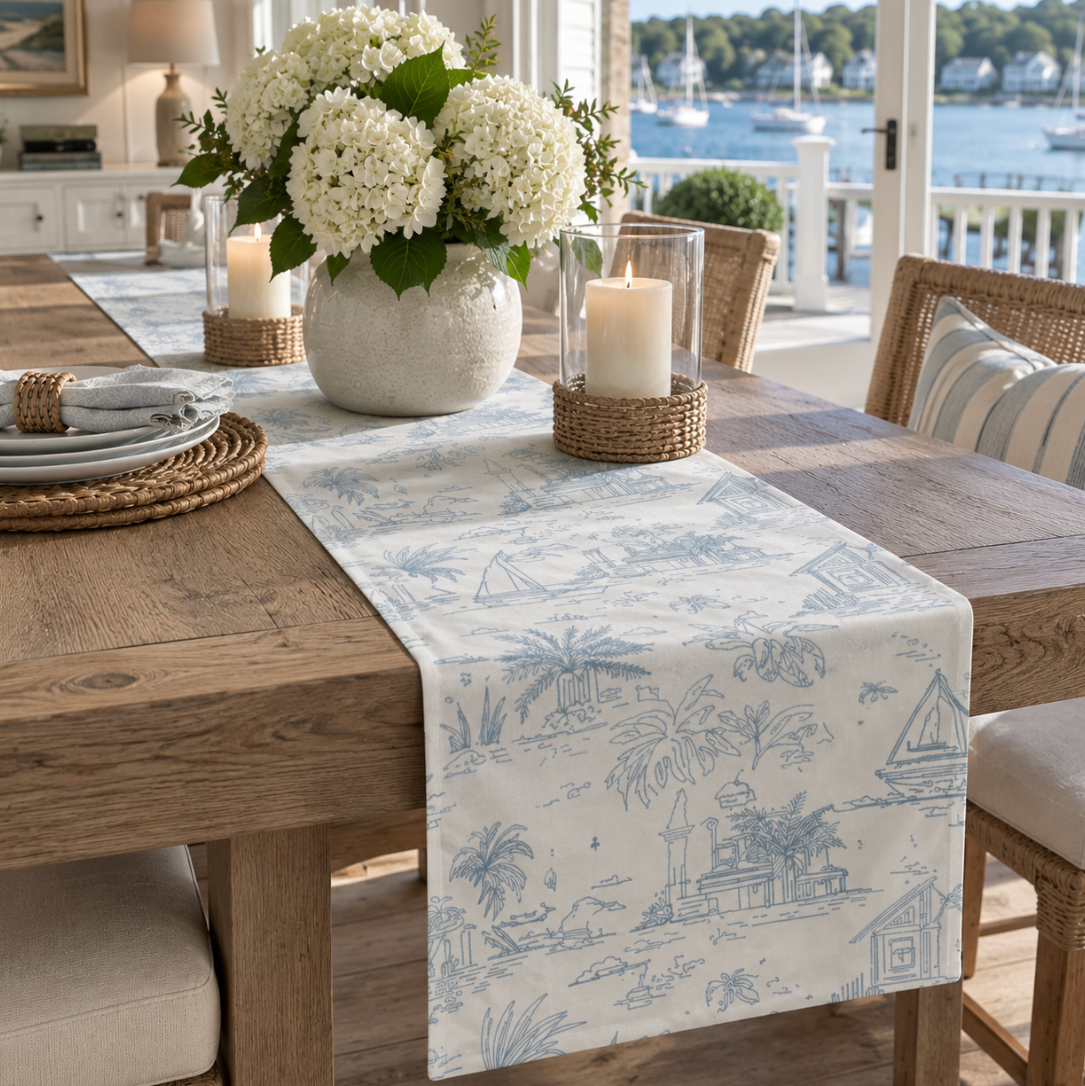 Cape Cod coastal toile table runner with blue nautical scenes and vintage-style shoreline artwork