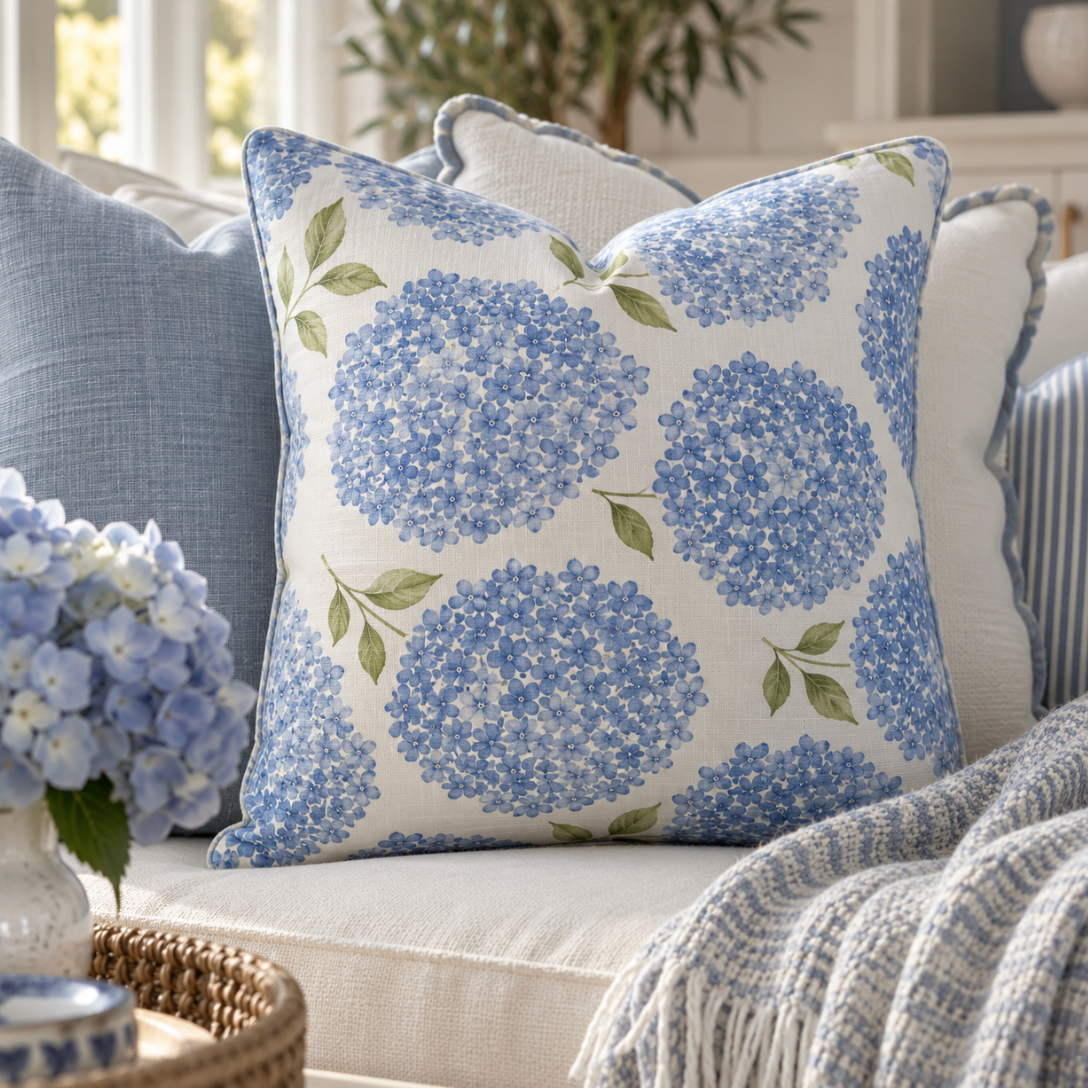 Cape Cod hydrangea throw pillow with soft blue blooms and green leafy branches