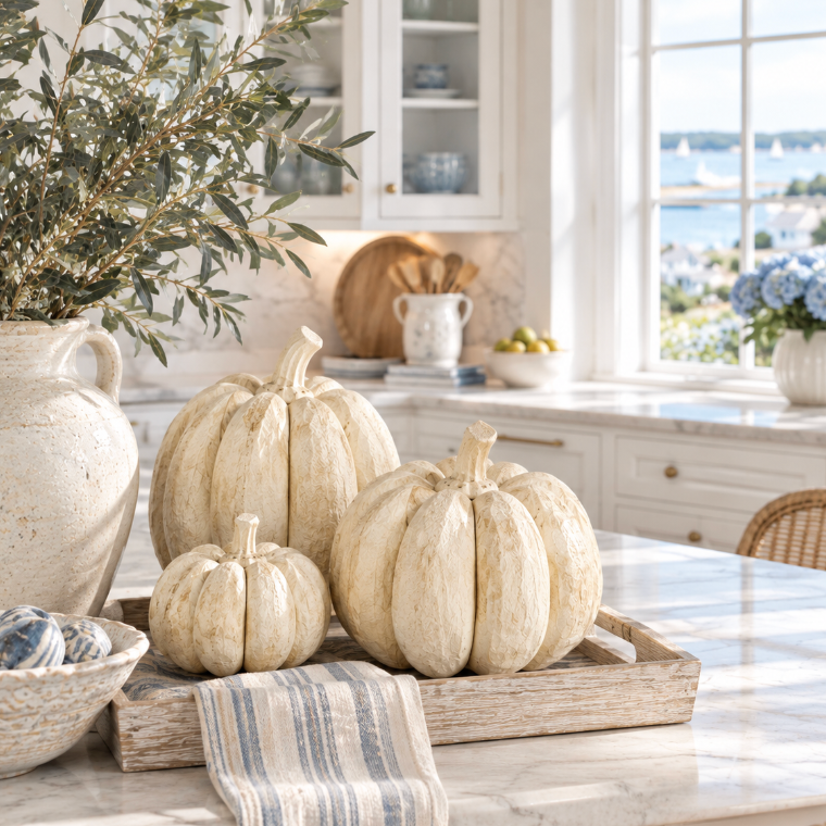 Carved wood pumpkin set in three sizes for coastal fall decor, mantels, tables, or entryways