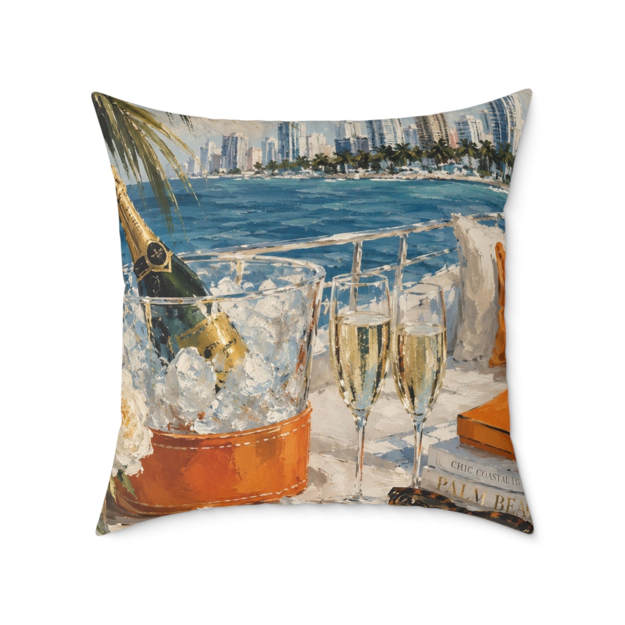 Champagne and cityscape coastal throw pillow for styling a sofa or accent chair.