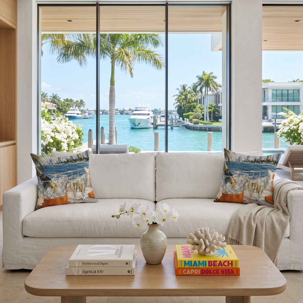 Champagne on a yacht coastal throw pillow with bubbly glasses and ocean views for beach house sofa decor.