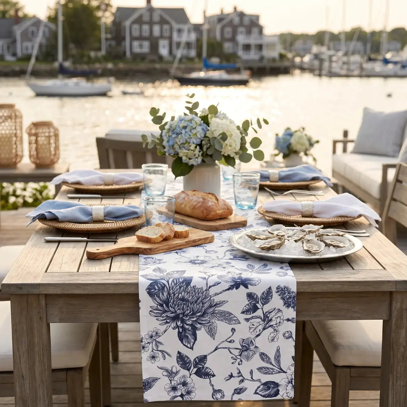 Chinoiserie blue and white floral table runner on a coastal dining table with white dishes.