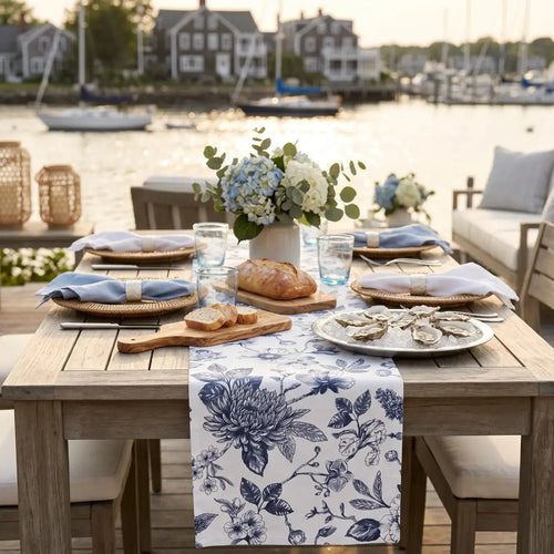 Chinoiserie blue and white floral table runner on a coastal dining table with white dishes.