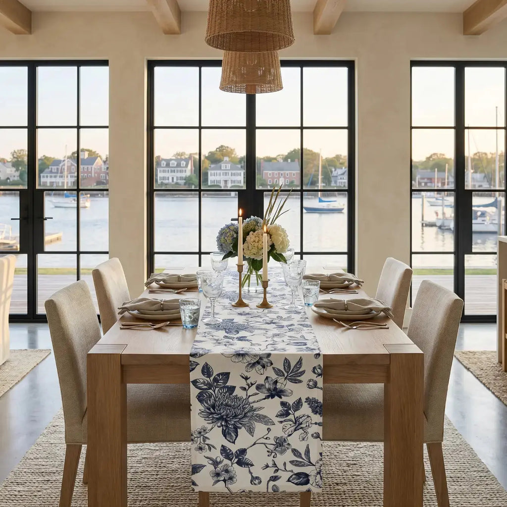 Chinoiserie blue and white floral table runner styled in a beach house tablescape