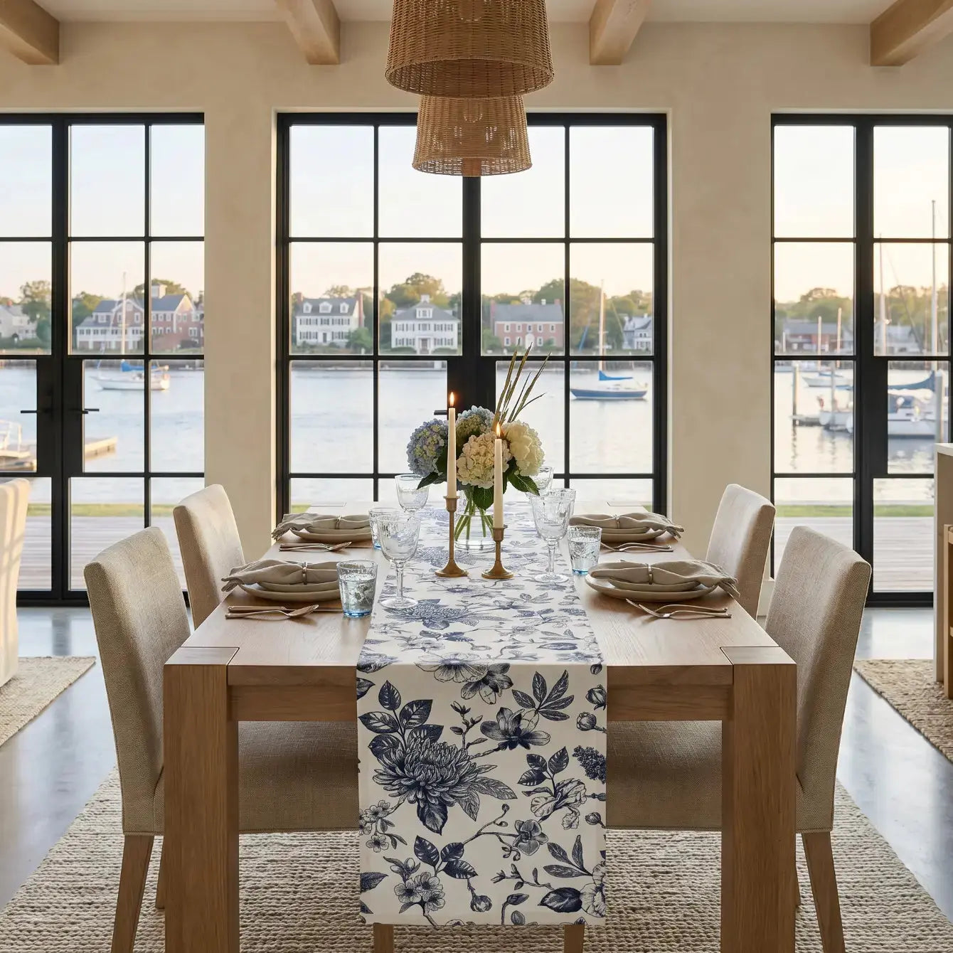 Chinoiserie blue and white floral table runner styled in a beach house tablescape