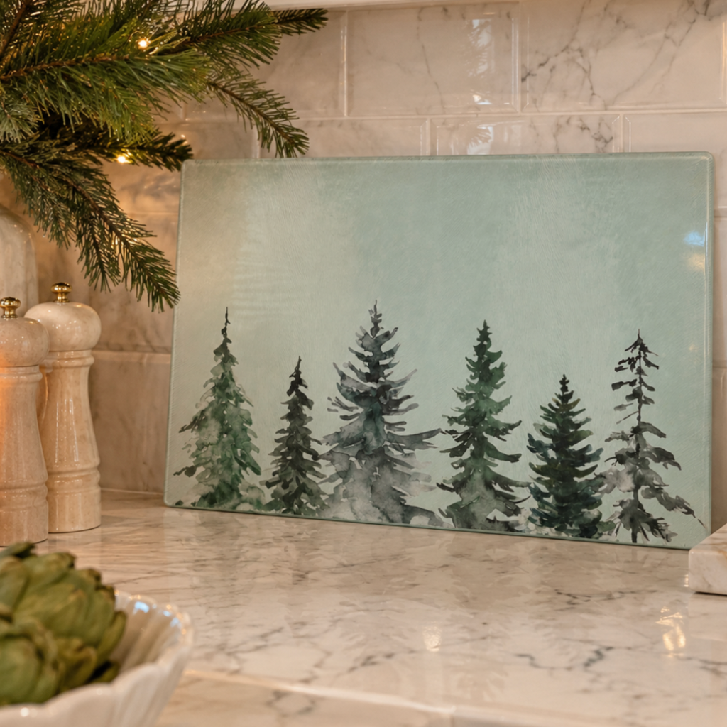 Christmas tree glass serving board with elegant watercolor evergreen illustrations.