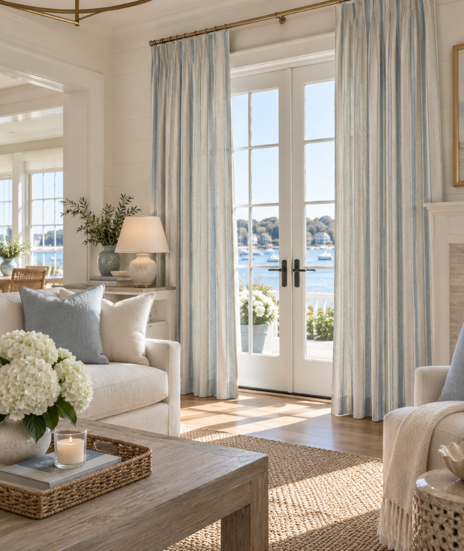Classic blue striped curtains for a coastal home with a calm neutral and waterfront-inspired palette