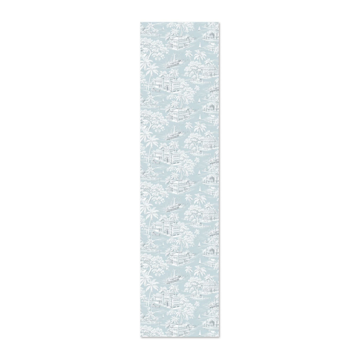 Classic blue and white toile wallpaper with detailed coastal village and waterfront scenery.