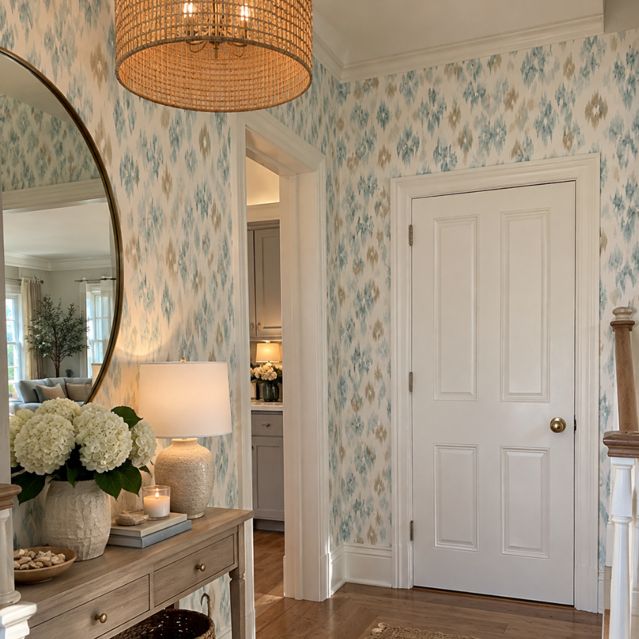 Ivory wallpaper with sea-glass blue and sandy beige motifs for a timeless coastal interior.