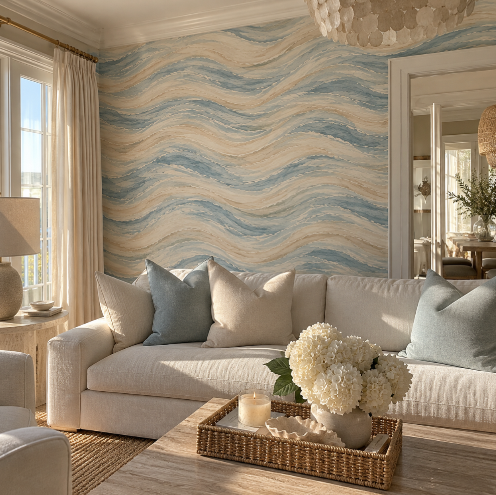 Blue and beige ocean wallpaper for elegant coastal home interiors.