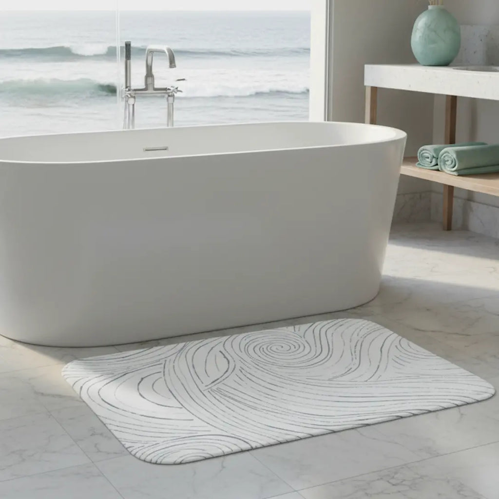 Coastal abstract bath mat with soft wave-inspired pattern in a modern bathroom.