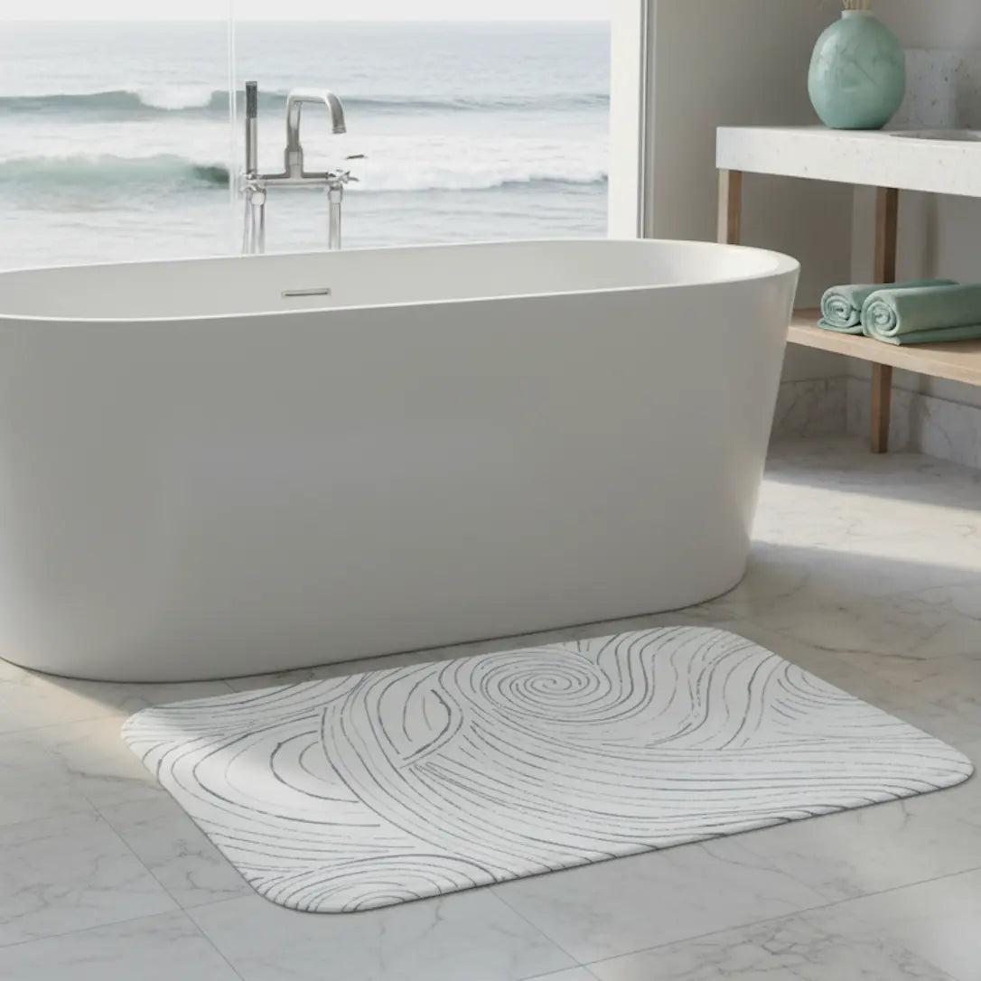 Coastal abstract bath mat with soft wave-inspired pattern in a modern bathroom.