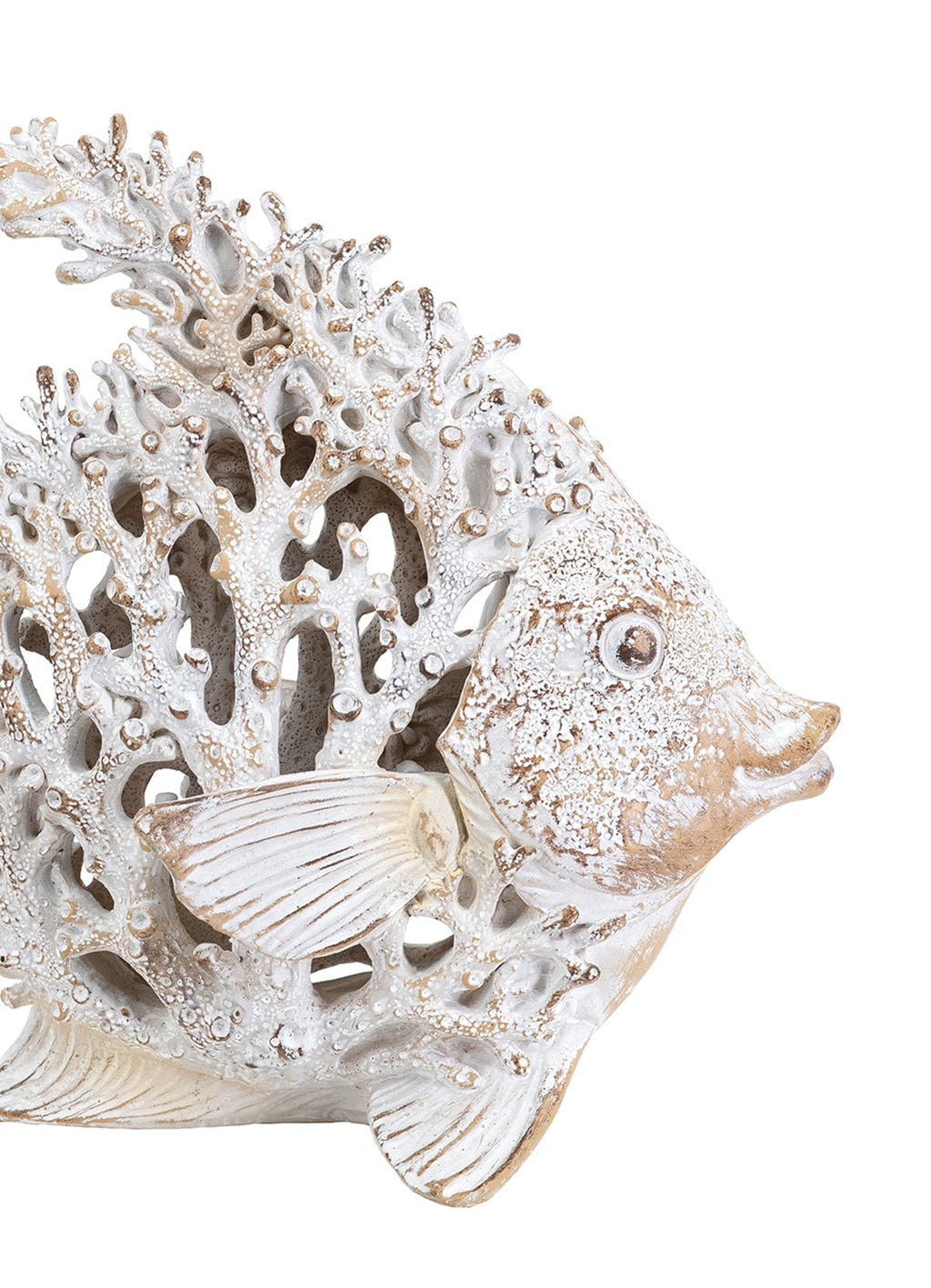 Distressed white angelfish sculpture displayed on a natural wood coastal console table