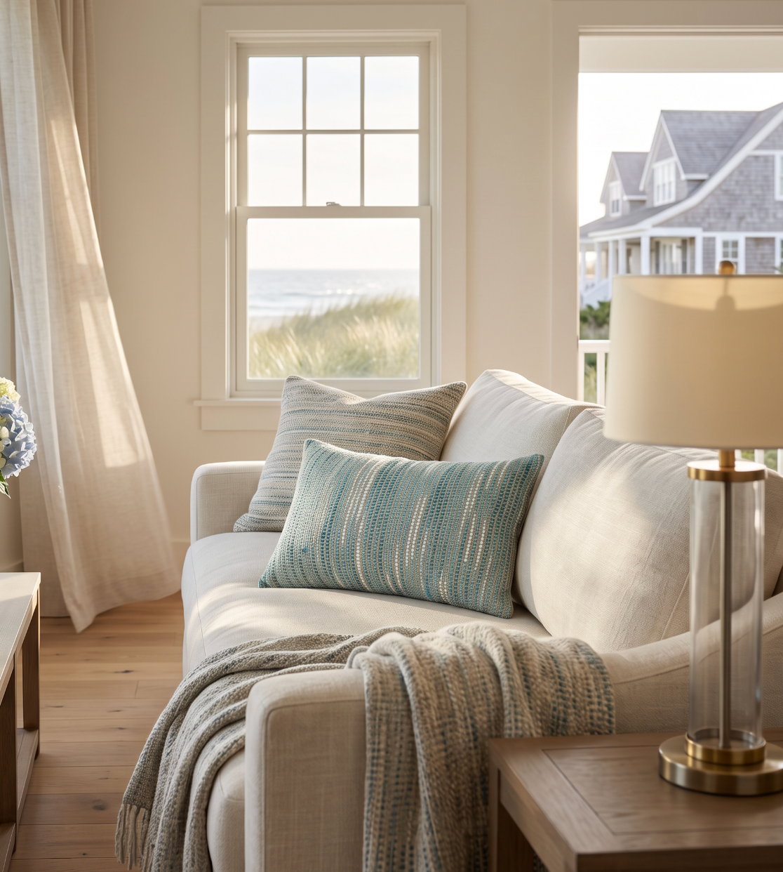 Coastal‑inspired aqua woven lumbar pillow with subtle stripe pattern for relaxed neutral interiors.