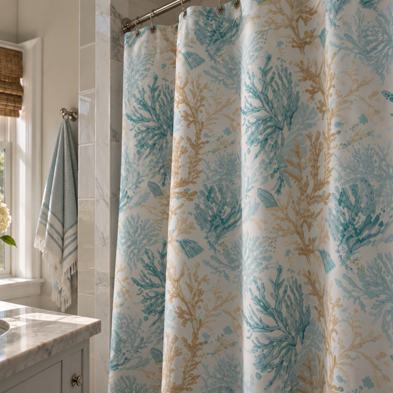 Coastal aqua coral shower curtain with an ocean-inspired design