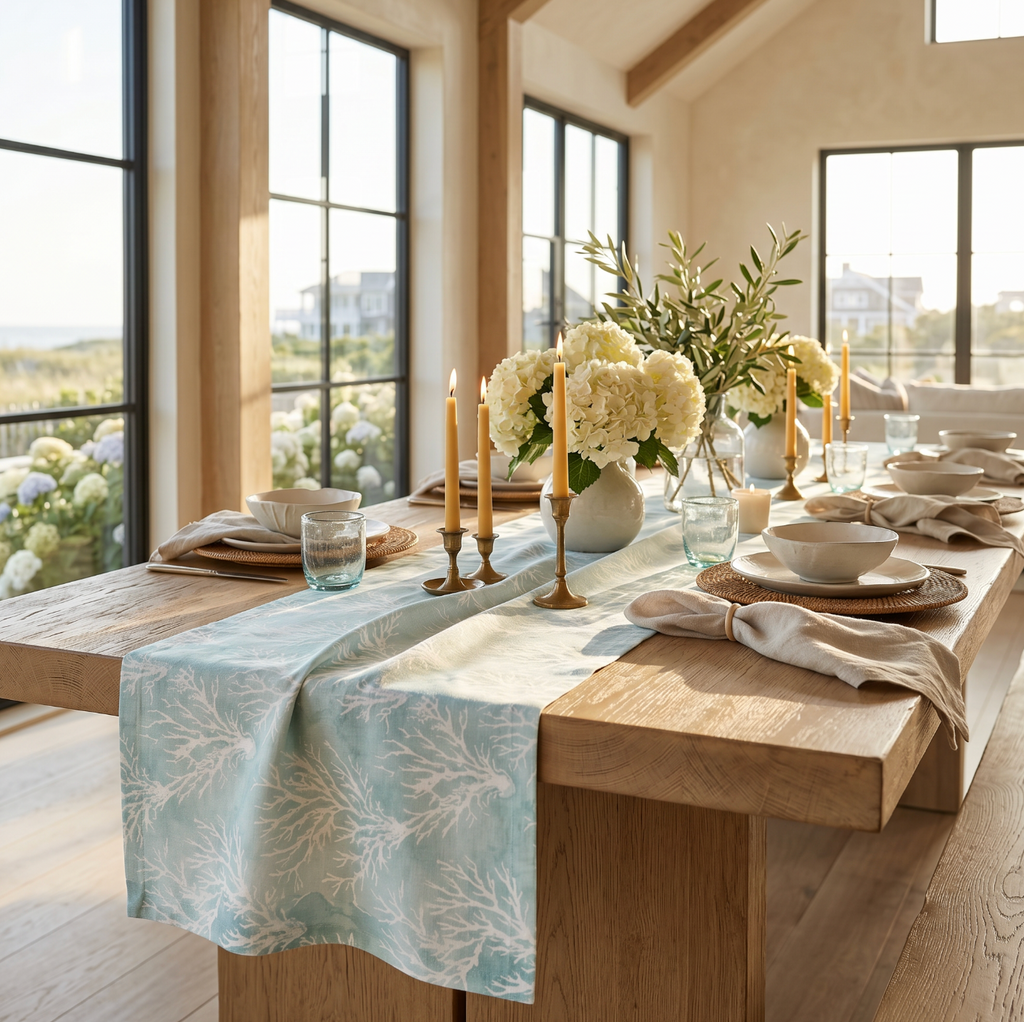 aqua coral print table runner styled for a beach house summer dining room.