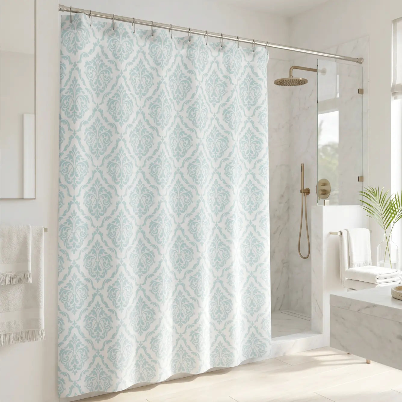 Aqua damask shower curtain with elegant coastal pattern