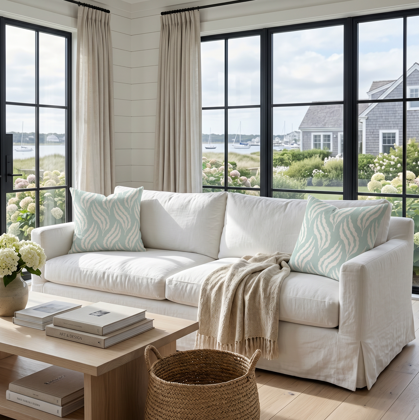 Coastal aqua leaf pattern pillow on a couch in a beach house style living room