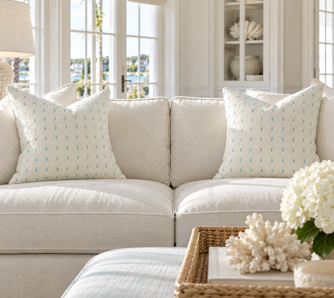 Coastal aqua decorative pillow featuring a classic white polka dot pattern.
