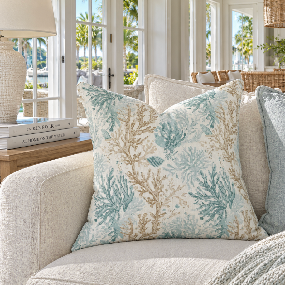 Coastal aqua and tan coral pattern throw pillow styled in a bright beach house living room.