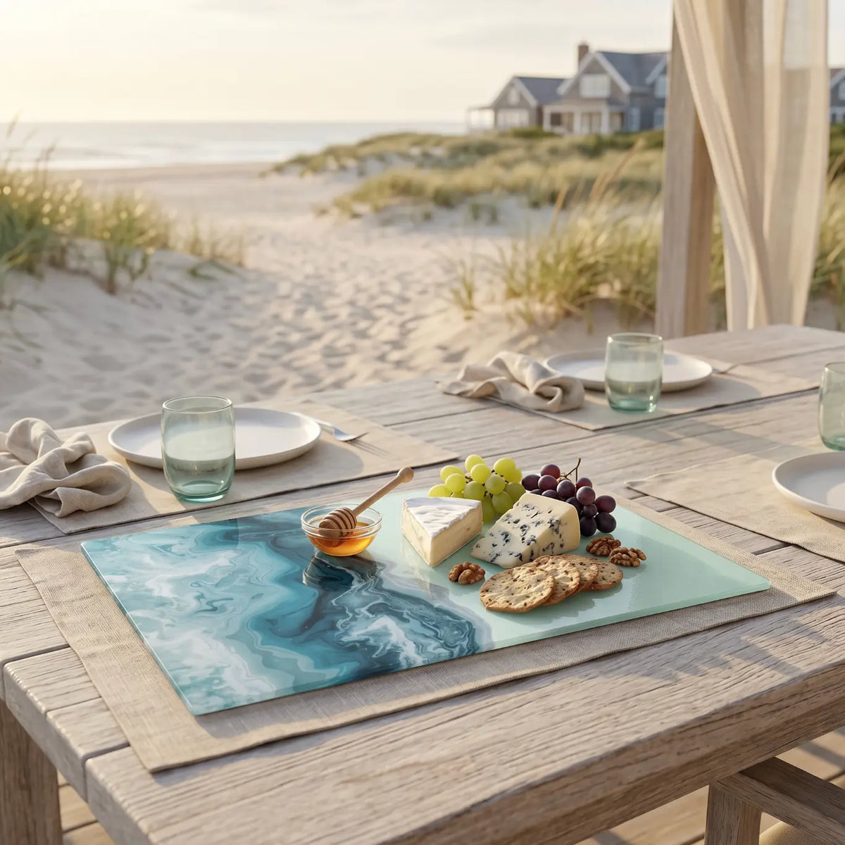 Coastal aqua wave glass cutting board with an abstract teal, turquoise, and seafoam ocean-inspired design