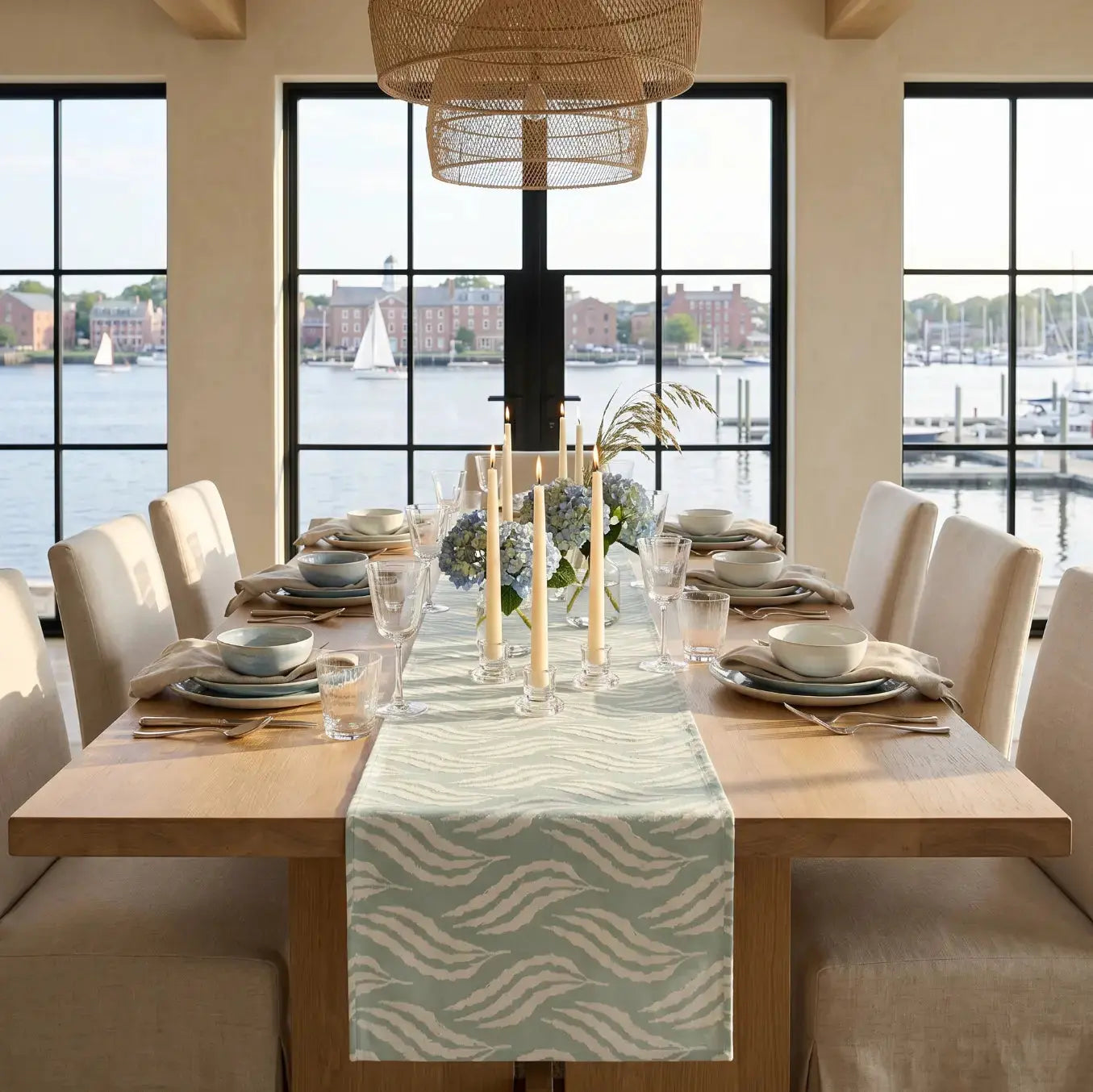 Coastal aqua wave table runner on an ocean-inspired dining table