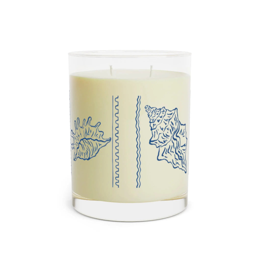 Seashell Reverie Ocean Mist Candle, blue seashell sketch on ivory candle in clear glass holder