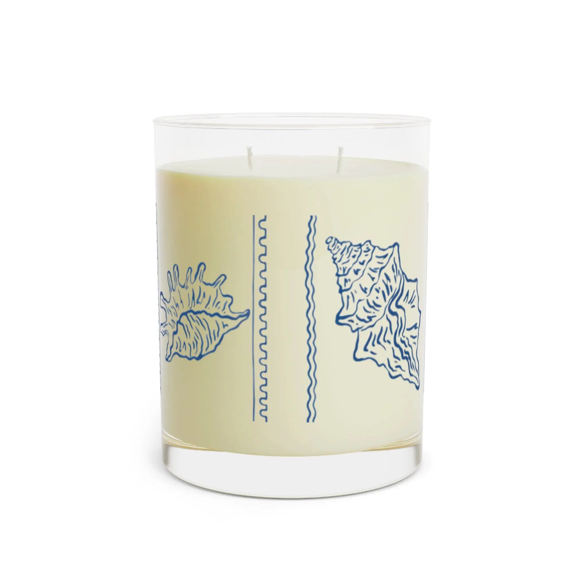 Seashell Reverie Ocean Mist Candle, blue seashell sketch on ivory candle in clear glass holder