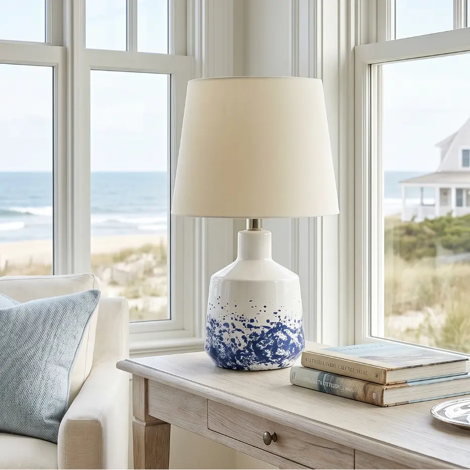 Decorative ceramic lamp styled in a beach house interior