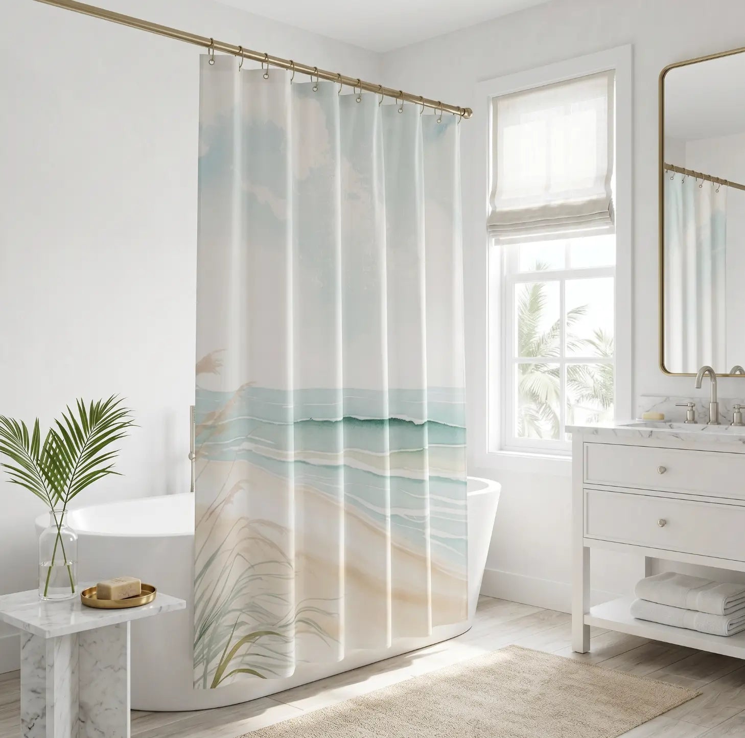 Beach themed shower curtain for coastal bathroom decor