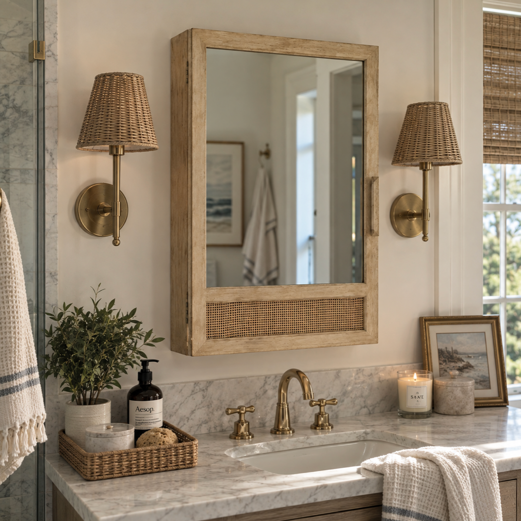 Coastal bathroom mirror cabinet with a light wood frame, cane detail, and slim pull handle