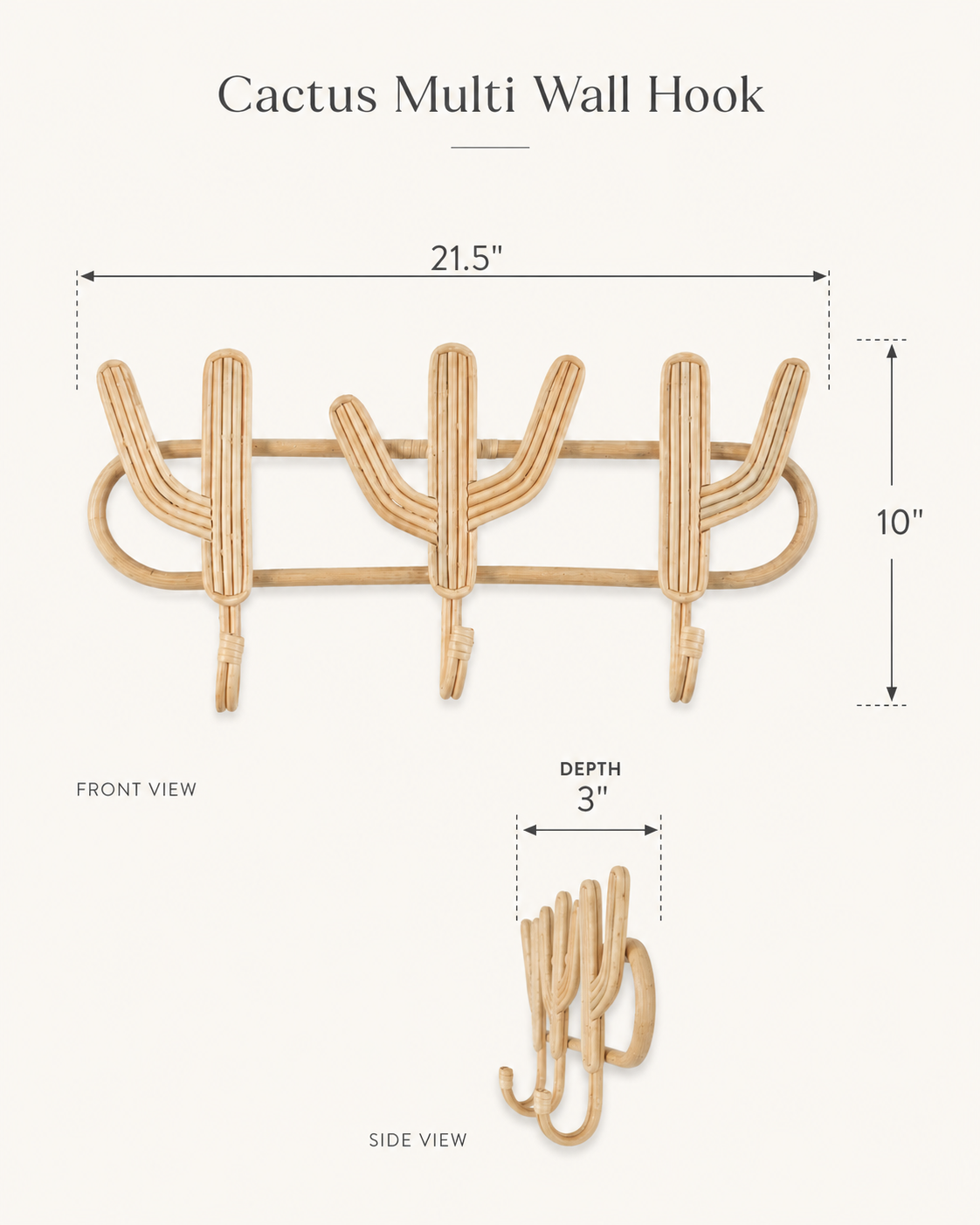  Cactus-shaped multi-hook wall rack made from natural rattan and measuring 21.5 inches wide.